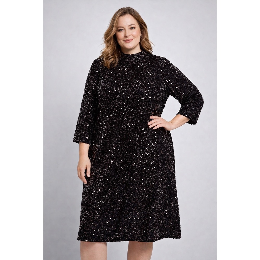 J.McLaughlin Leeza Sequin Dress Womens XL Black‎ Velvet Mock Neck Shift Party